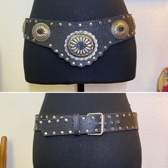 Vintage Western Studded Concho Belt Black Leather Southwestern Cowgirl Boho M/L - Picture 3 of 11